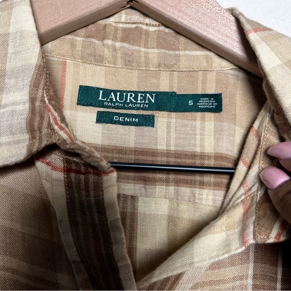 Lauren Ralph Lauren Men 100% Linen Button Down Shirt Small Brown Plaid Preppy - Picture 5 of 8